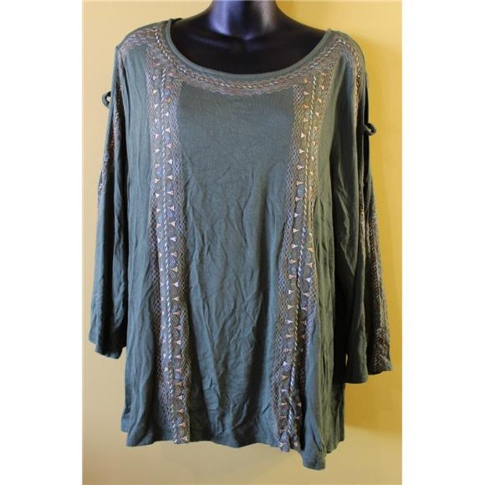 Westport 2x Olive Green Embroidered Knit Top 3/4 Cut Out Sleeves Knit